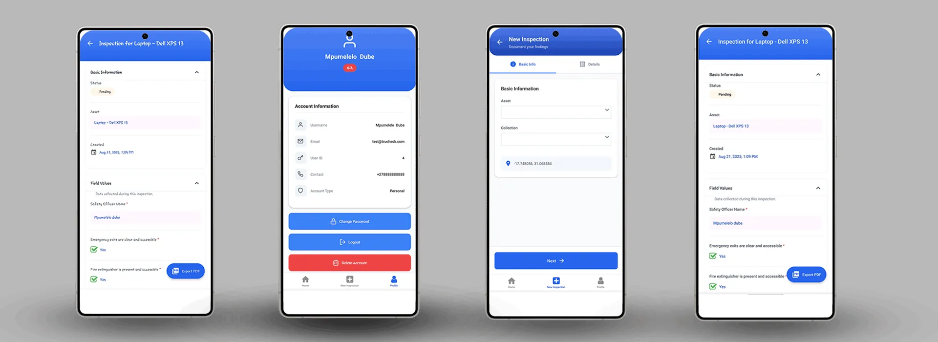 Trucheck app screens showing an inspection form, asset details and checklist fields on Android phones