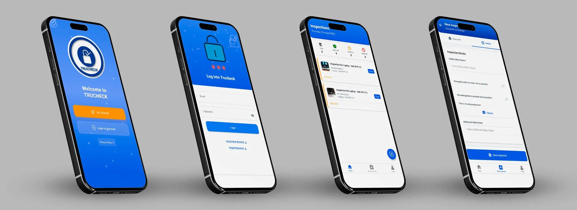 Four phones showing Trucheck mobile app screens: sign-in, unlock, asset list and inspection checklist